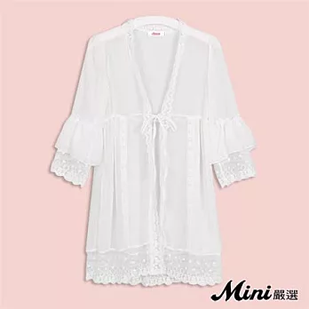【Mini嚴選】蕾絲雪紡五分喇叭袖罩衫-(白色)