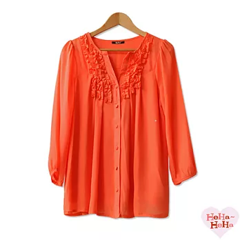 【HeHa】大碼抓摺木耳邊七分袖雪紡上衣(共三色）L橙色