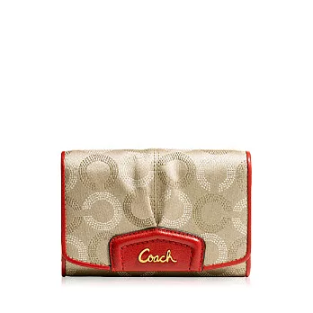 《COACH》卡其/紅色_C LOGO 織布抓褶皮飾邊壓扣中夾