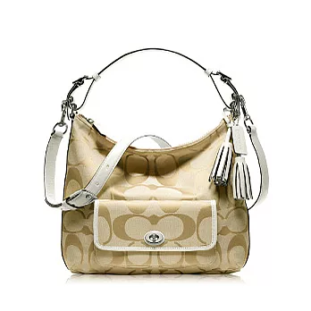 《COACH》卡其/白色_C LOGO 織布皮飾邊前旋扣口袋造型流蘇配飾手提/肩背包