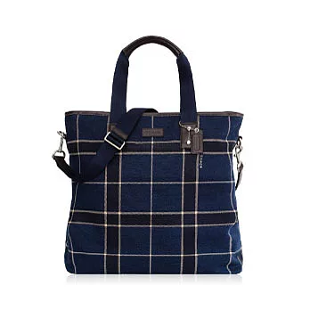 《COACH》海軍布拉德/深藍_蘇格蘭方格印花帆布皮飾邊肩背/斜背兩用托特包