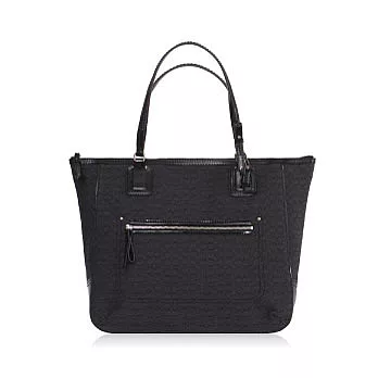 《COACH》全黑_c LOGO 織布亮面皮革飾邊肩包托特包