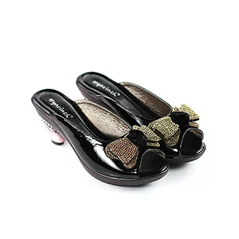 ◤Green Phoenix◥真皮蝴蝶結鑽面魚口高跟拖鞋38黑色