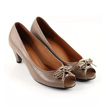 ◤Green Phoenix◥蝴蝶結柔軟牛皮魚口低跟鞋5.5咖啡色