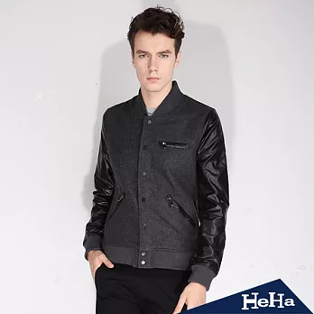 【HeHa】秋冬男士皮拼接毛呢立領外套（深灰）-XL深灰