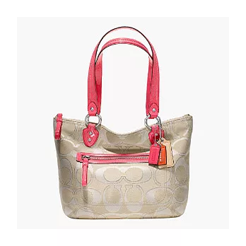 《COACH》卡其/桃紅_月光銀 C LOGO 漸層織布皮飾邊手提/肩背托特包