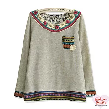 【HeHa】民族風精緻手鉤甜美花朵領上衣(共三色)-FREE(灰色)