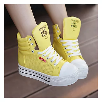 EOWYN．韓系時尚學院風休閒綁帶增高帆布鞋/黃色/39碼/現貨39黃色 39