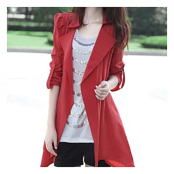 EOWYN．韓版長袖七分袖翻領開衫修身顯瘦風衣外套/紅色M/現貨紅色M