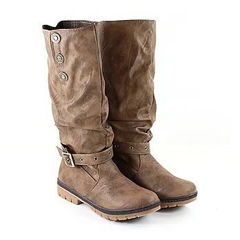 ◤Green Phoenix◥自然抓皺側釦魔鬼氈素面長靴24.5卡其色