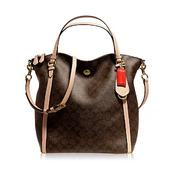 《COACH》深咖啡_C LOGO PVC材質皮飾邊兩用托特包(直款)