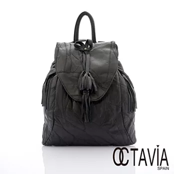 【Octavia 8 真皮】花苞 繡線流蘇圓筒羊皮後背包 - 公主黑