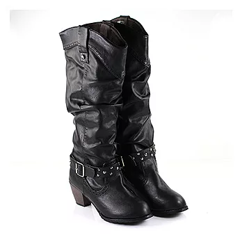 ◤Green Phoenix◥自然抓皺皮帶飾釦高跟長靴37黑色