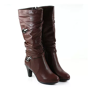 ◤Green Phoenix◥時尚精選造型皮帶釦拉鍊高跟長靴22.5棕色