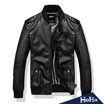 【HeHa】肩章立領簡約PU皮夾克(共二色）-2XL(黑色)