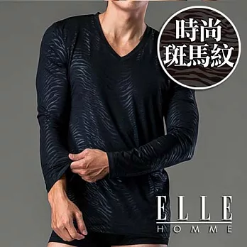 【ELLE HOMME】潮男V領長袖T恤(時尚斑馬紋)M時尚斑馬紋。黑色