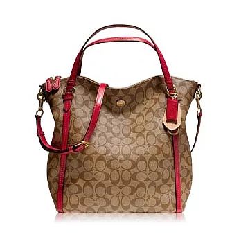 《COACH》 卡其/紅色_C LOGO PVC材質皮飾邊兩用托特包(直款)