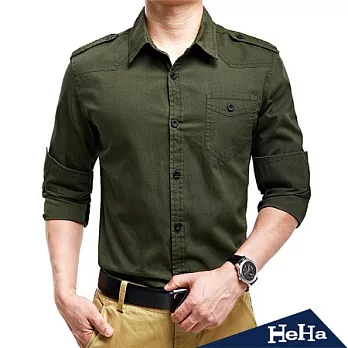 【HeHa】時尚軍裝風肩章單口袋長袖襯衫(共二色)-XL(軍綠)