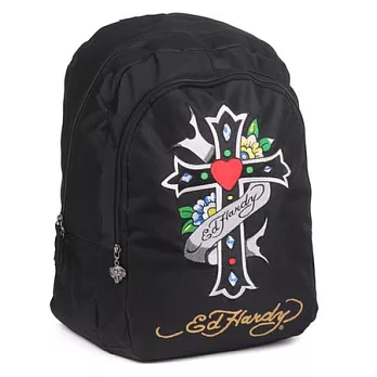 ED Hardy-刺繡Cross十字架之心2層大背包-潮流黑