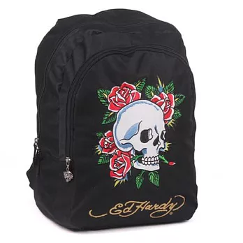 ED Hardy-刺繡骷髏玫瑰2層大背包-潮流黑