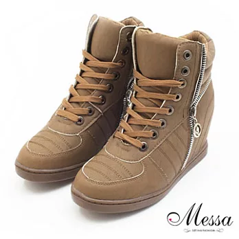 【Messa米莎】韓系女孩設計款雙側邊拉鍊心機內增高球鞋36卡其色