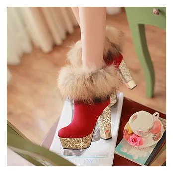 EOWYN。時尚小尖頭精緻亮片華麗皮草裸靴/3色/35-39碼(預購)35紅色35