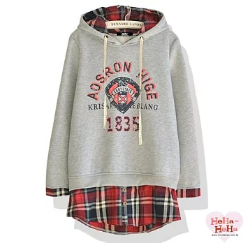 【HeHa】日系印花假兩件套加绒連帽長版上衣(共三色)-FREE(灰色)