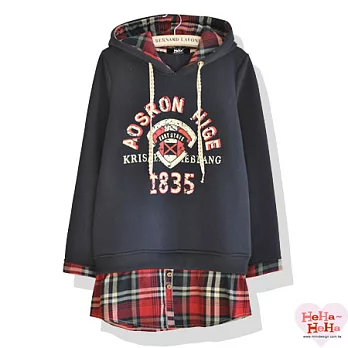 【HeHa】日系印花假兩件套加绒連帽長版上衣(共三色)-FREE(藏青)