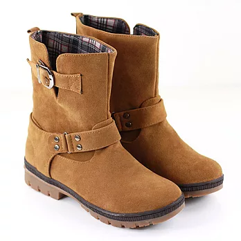 ◤Green Phoenix◥側V開口造型雙扣環工程中筒短靴靴24棕色