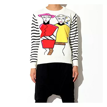 EOWYN。個性可愛卡通人物拼接條紋袖百搭針織毛衣(預購)白色