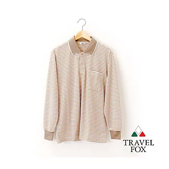 【Travel Fox 男裝】旅狐衣 温度 純棉長袖POLO衫 -M白咖橫條