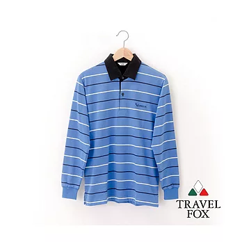 【Travel Fox 男裝】旅狐衣 湛藍 純棉長袖POLO衫 -M藍底黑白條