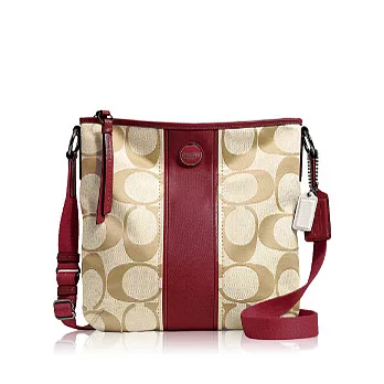COACH 經典直條紋造型斜背包_卡其/紅色