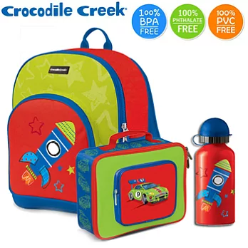 【美國Crocodile Creek】兒童造型上學組(書包+餐袋+水瓶)火箭+賽車餐袋