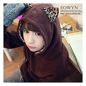 EOWYN。帶帽搖粒豹紋小貓耳朵上衣(現貨)咖啡L