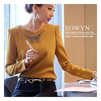 EOWYN。韓版圓領修身長袖加厚彈力亂麻雪紡襯衫(現貨)黃色S
