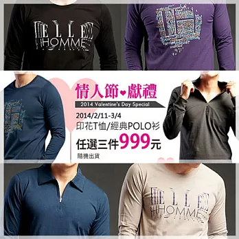情人節超值活動_ELLE HOMME_男POLO長袖衫★超值三件999 元★款式+顏色隨機出貨L款式+顏色隨機出貨