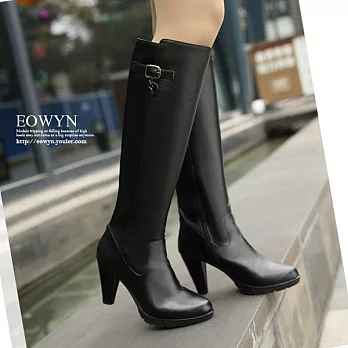 EOWYN．時尚率性金屬Y字樣高跟長筒靴/真皮(現貨)37黑色37
