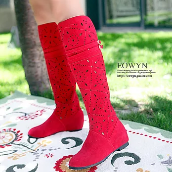 EOWYN．歐美時尚雕花點點造型絨面長筒靴(現貨)37紅色37