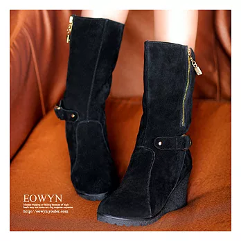 EOWYN．歐美時尚簡約牛反皮造型拉鍊楔型短中靴(現貨)35黑色35