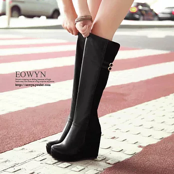 EOWYN．韓系時尚絨皮面拼接雙釦環素面楔型長筒靴(現貨)39黑色39