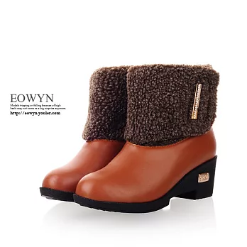 EOWYN．韓系時尚毛毛上圍皮質低跟短靴(現貨)37黃色37
