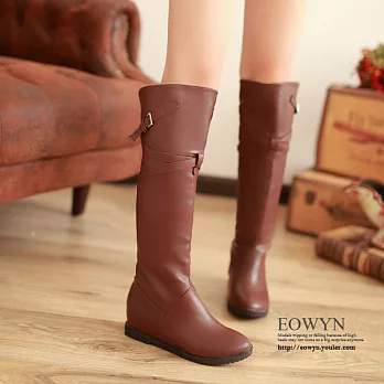 EOWYN．韓系率性簡約素面皮帶釦環造型長筒靴(現貨)38黃色38