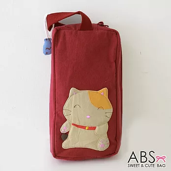 ABS貝斯貓 可愛拼布貓咪雙層萬用手提包 (酒紅) 88-151