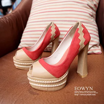 EOWYN．復古時尚雙配色拼接厚底魚口高跟涼鞋(現貨)37橘紅37