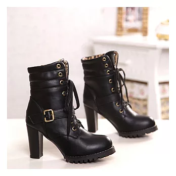 EOWYN．韓系軍裝風內裡豹紋綁帶皮帶釦環高跟短中靴(現貨)37黑色37