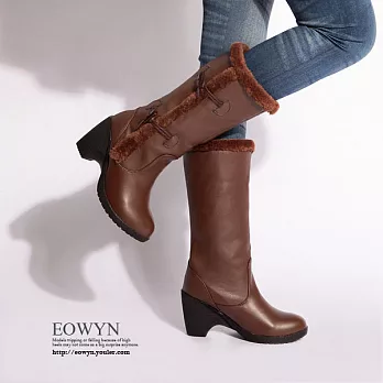EOWYN．韓系保暖內刷毛皮面側釦繩方高跟長筒靴(現貨)39咖啡色39