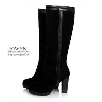EOWYN．時尚簡約皮絨拼接長筒高跟長靴(現貨)38黑色38