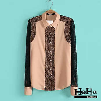 雪紡襯衫 個性蕾絲拼接雪紡長袖襯衫-HeHa-M*
