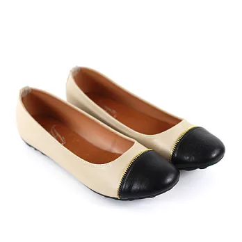 ◤Green Phoenix◥拉鍊飾邊拼色內真皮平底娃娃鞋23米色